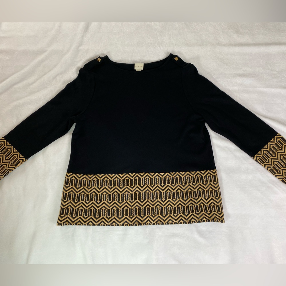Chico's Shirt Women’s 2 Black Tan Geometric Print Classic Casual Comfort
